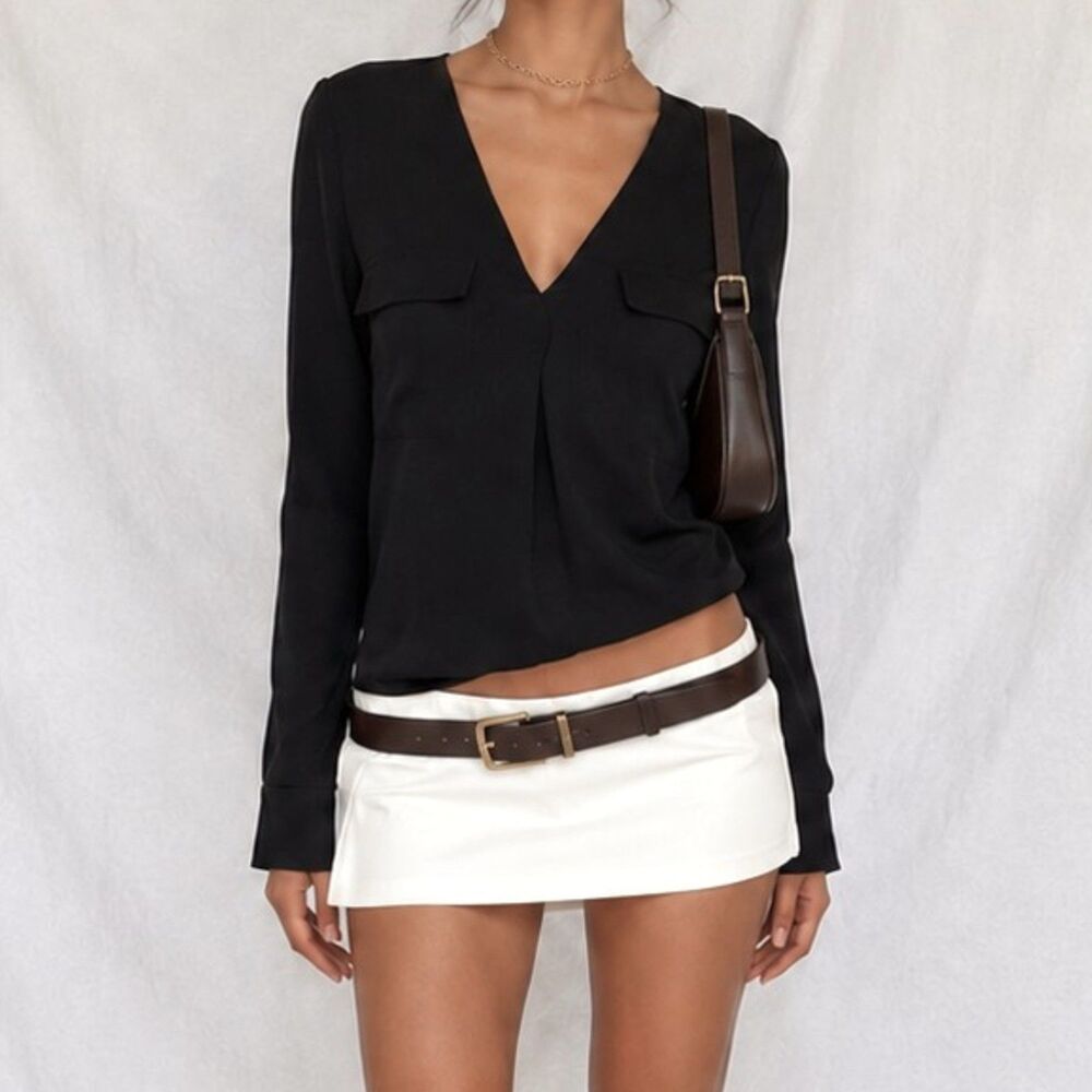 Vintage Y2K 90s Black V-Neck Long Sleeve Top Business Chiffon Blouse Size 2/XS